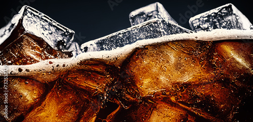 Cola with Ice. Close up of the ice cubes in cola water. Texture of carbonate drink.