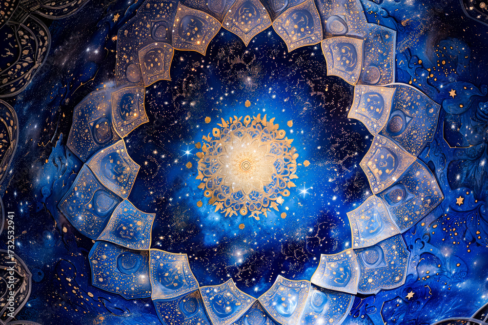 Fototapeta premium 3d wallpaper stretch ceiling decoration model. mandala and decorative frame galaxy stars background