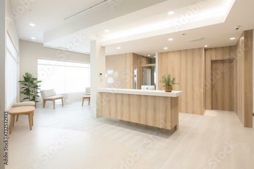 Decorative reception area with white and light oak wooden elements. Generative AI