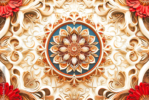 3d wallpaper stretch ceiling decoration model. mandala and decorative frame flower roses background
