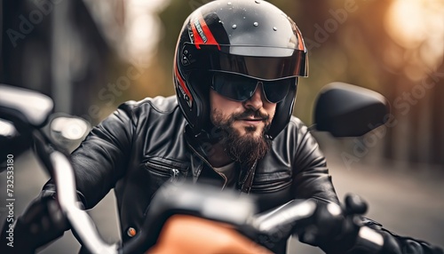 close-up of a biker on motorcycle, biker riding a bike, biker with helmet © Gegham