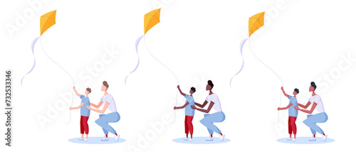 Parent and child fly a kite. Playing in the outdoor. Set of people and children in different ethnicities playing with wind toy. Flat style vector illustration.
