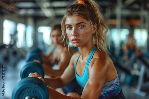 Close shot of happy athletic woman doing exercise in gym with space, Generative AI.