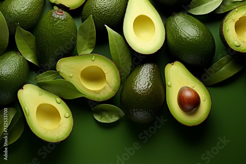 Nutrient rich display Fresh avocados arranged on lush green background photo