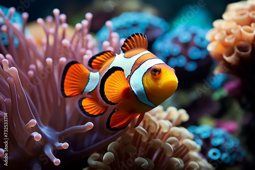 Coral symphony Vibrant clown fish swim amid colorful coral reef