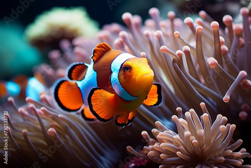 Coral symphony Vibrant clown fish swim amid colorful coral reef