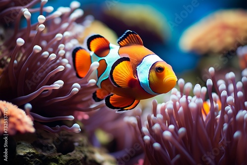 Underwater magic Clown fish explore a lively, colorful coral reef