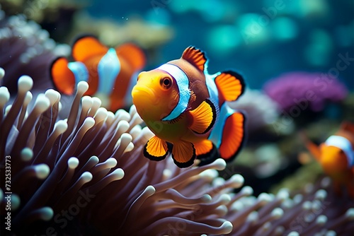 Underwater magic Clown fish explore a lively, colorful coral reef