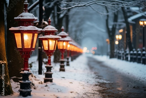 Festive charm Snowy street adorned with vibrant red lanterns