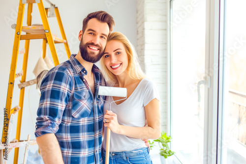 Smiling happy couple painting the wall of their new home holding paint rollers and looking at the window near ladder. Married man and woman doing repair renovation preparing to move into a new flat
