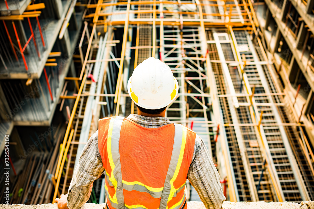 Back view of construction worker wearing safety uniform during working on roof structure of building on construction site.