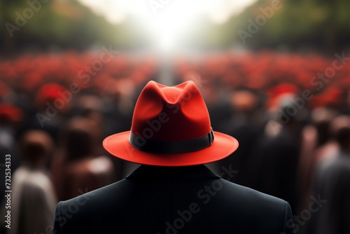 Vivid red hat commands attention amid hazy crowd backdrop