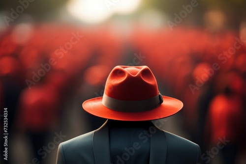 Vivid red hat commands attention amid hazy crowd backdrop
