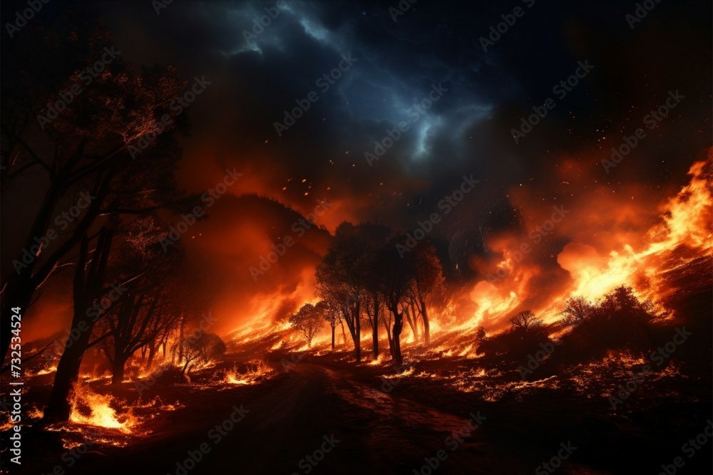 Midnight inferno Wildfire rages in the mountains under the stars Midnight inferno Wildfire rages in the mountains under the stars