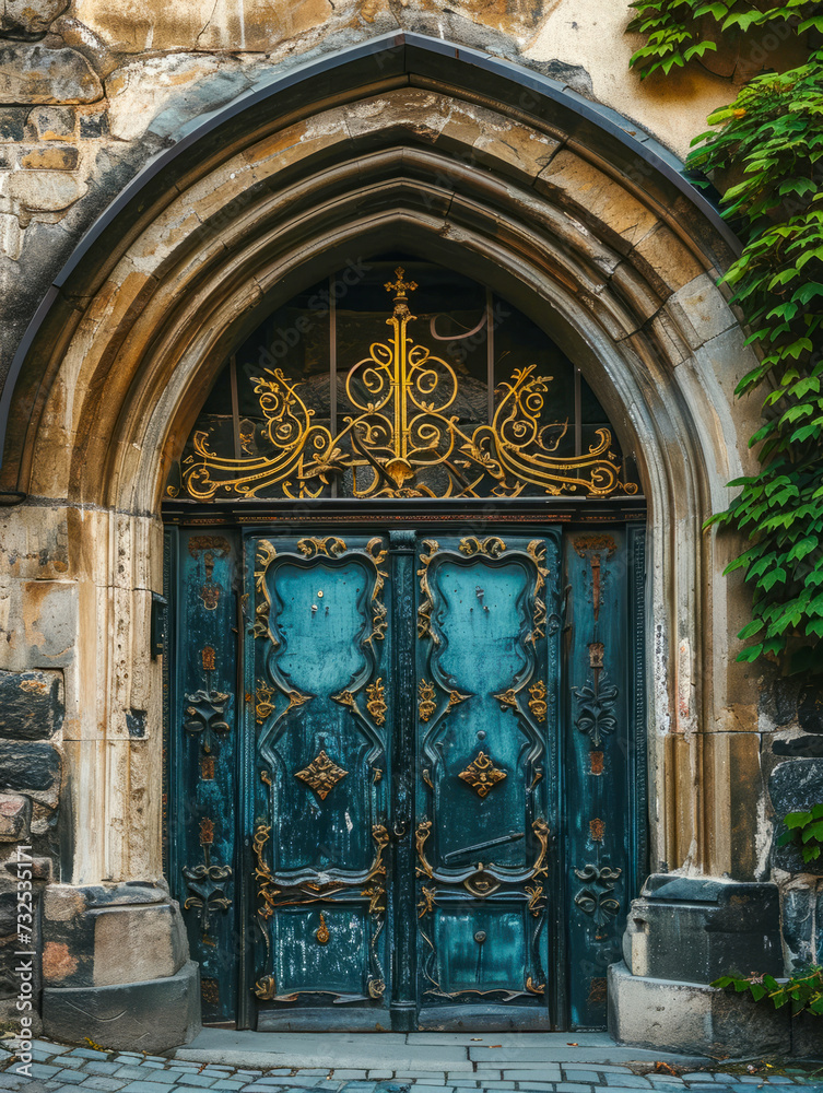 Mystical medieval wooden door entrance. Old rustic gothic door. Mystical medieval wooden door entrance. Old rustic gothic door.