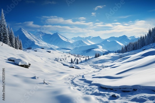 Tranquil winter landscape unfolds, mountains adorned in pristine white snow © Muhammad Ishaq