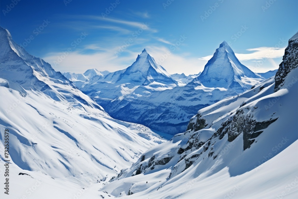 Obraz premium Majestic panorama Snowy mountain vista captured in expansive panoramic view
