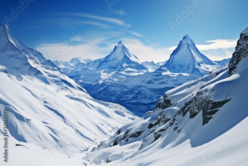 Majestic panorama Snowy mountain vista captured in expansive panoramic view photo
