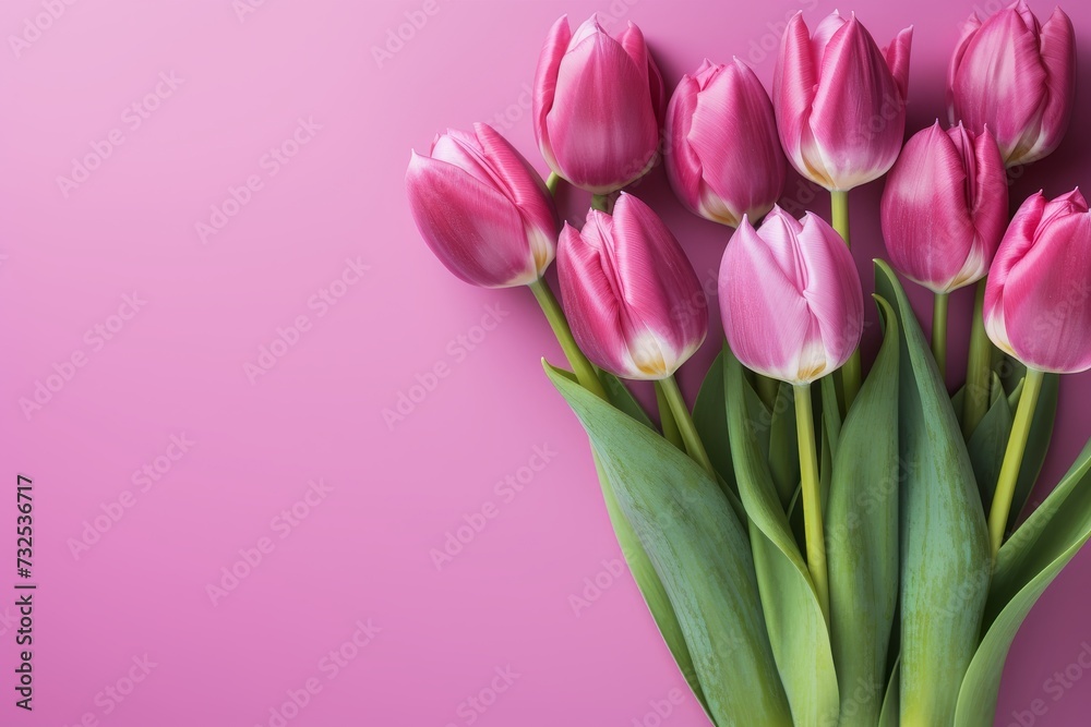 Beautiful aerial shot of colorful tulips on a soft pink background with ample space for text. Beautiful aerial shot of colorful tulips on a soft pink background with ample space for text.