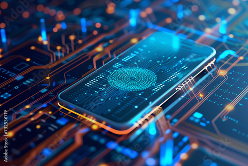 3D illustration of a smartphone with a fingerprint scan on the screen symbolizing advanced security technology..
