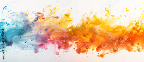 multi-colored cloud of smoke from color powder images, in the style of bright orange, yellow and blue colors, video glitches, high-quality photography, colorful explosions, vibrant composition, psyche