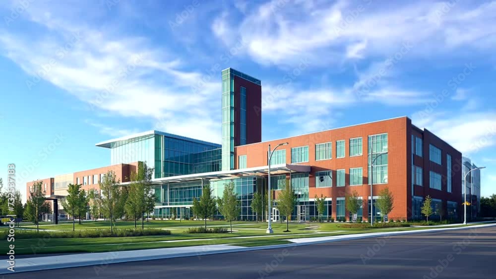 Luxury modern hospital with white clouds moving in the blue sky