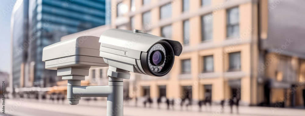 Camera surveillance system live monitoring. City street security, motion and face identity detection Camera surveillance system live monitoring. City street security, motion and face identity detection