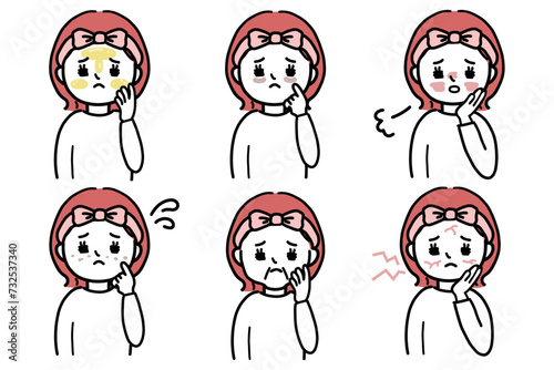 肌に悩みがある女性のイラストセット
