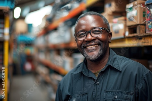 African middle aged man in his store with space for text, Generative AI.