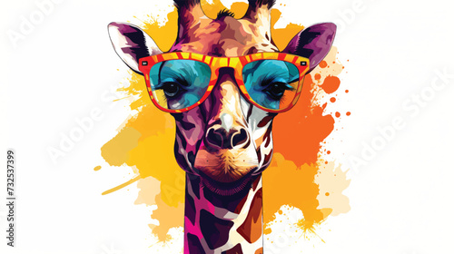 Fototapeta Naklejka Na Ścianę i Meble -  Cartoon colorful giraffe with sunglasses on white.
