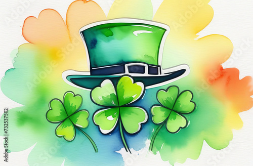 Green St. Patrick's Day hat and clovers (shamrock) on beautiful watercolor background. St. Patrick's day concept photo