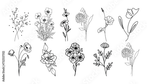 Set of hand drawn botanical flowers line art vector. Collection of foliage, leaf branches, floral, flowers, roses, and line art.