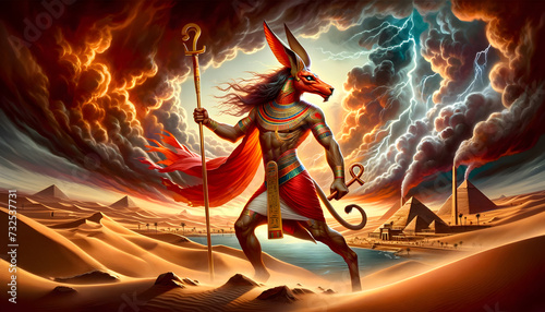 Illustration of the Egyptian deity Seth, god of chaos, storms and war, depicted in an ancient Egyptian desert landscape photo