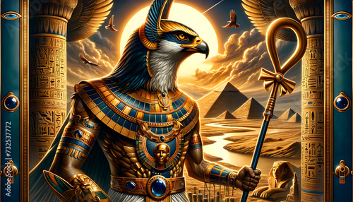 Egyptian deity Horus, depicted as a majestic figure in an ancient Egyptian setting photo