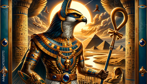 Egyptian deity Horus, depicted as a majestic figure in an ancient Egyptian setting