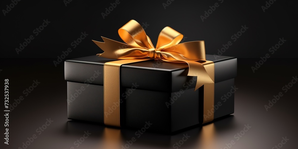 black gift with gold ribbon on black background black gift with gold ribbon on black background
