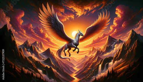 illustration of the mythological creature, the Hippogriff, soaring through a breathtaking mountainous landscape at sunset photo