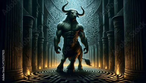 illustration of the mythological creature, the Minotaur, standing imposingly in the center of the labyrinth
