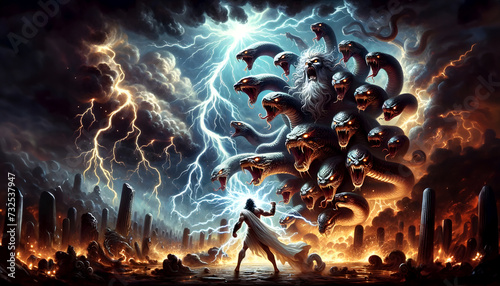 illustration of the epic battle between the mythological creature Typhon and Zeus, set against the backdrop of a stormy sky photo