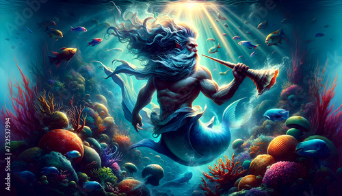 illustration of the mythological creature, Triton, in the depths of the ocean photo