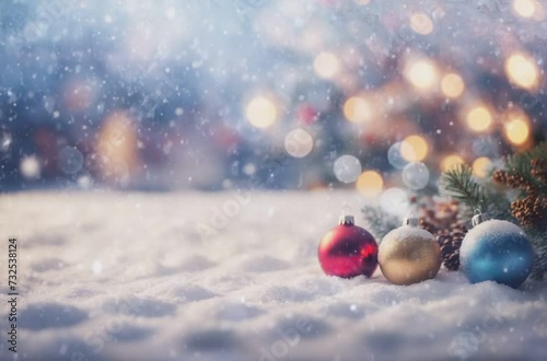 Blue and Red Ornament in Snow, Christmas winter background with snow and blurred bokeh.