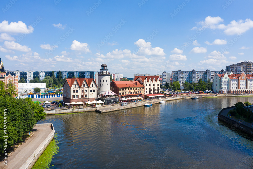 Obraz premium The Fishing Village in center of Kaliningrad. Russian destination Aerial view