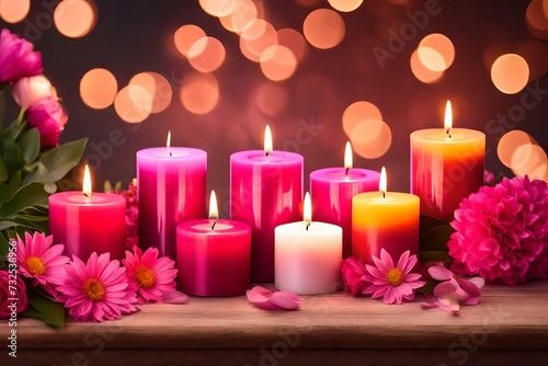 Colorful dreamy candles on bokeh background on wooden table