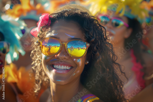 Bela jovem afro pintada e fantasiada, de óculos espelhados, no carnaval