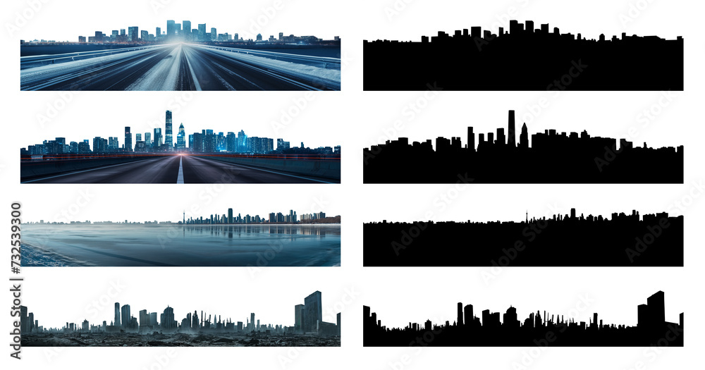 Set of city skylines. Urban dystopian concept collection. Highways, winter, apocalypse. Various options to pick from with a silhouette version. Pen tool cutout.  - obrazy, fototapety, plakaty 