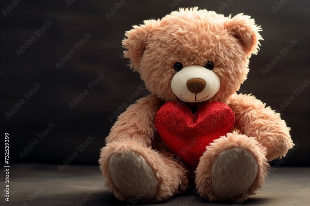 Obraz premium Heartfelt cuddle Teddy bear holds red heart, perfect Valentines symbol