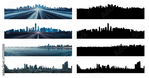 Set of city skylines. Urban dystopian concept collection. Highways, winter, apocalypse. Various options to pick from with a silhouette version. Pen tool cutout.  photo