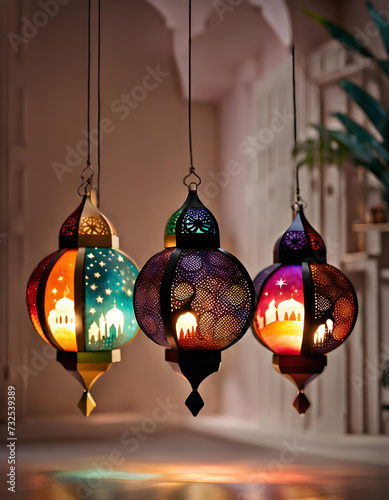 Beautiful three hanging luminous Ramadan lanterns