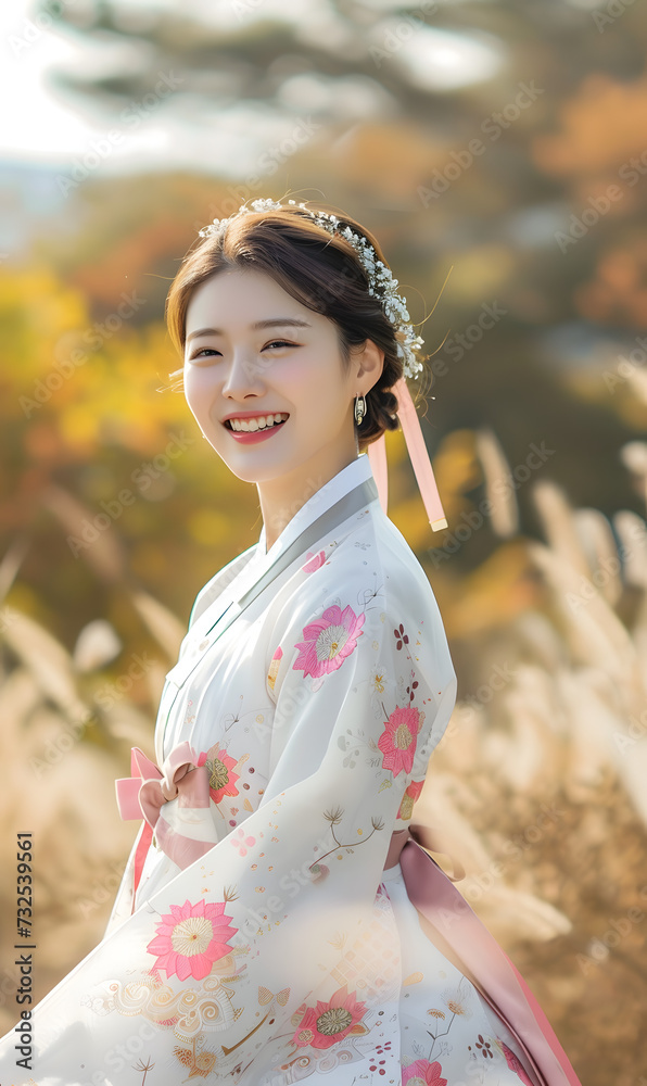 Fototapeta premium Korean woman wearing beautiful Hanbok,Generative AI