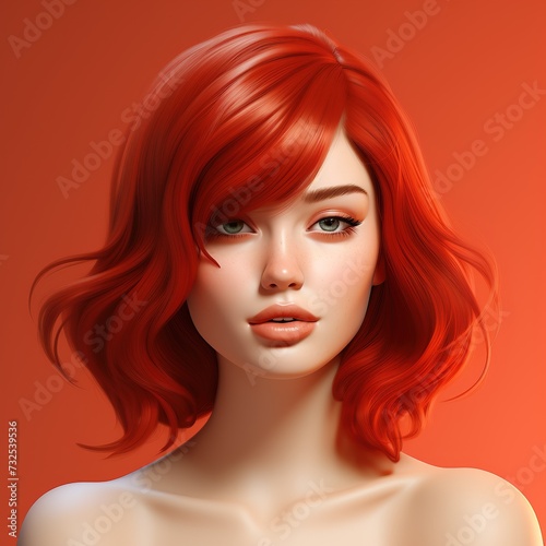 Portrait of a beautiful girl with red hair on a red background, Ai Generated